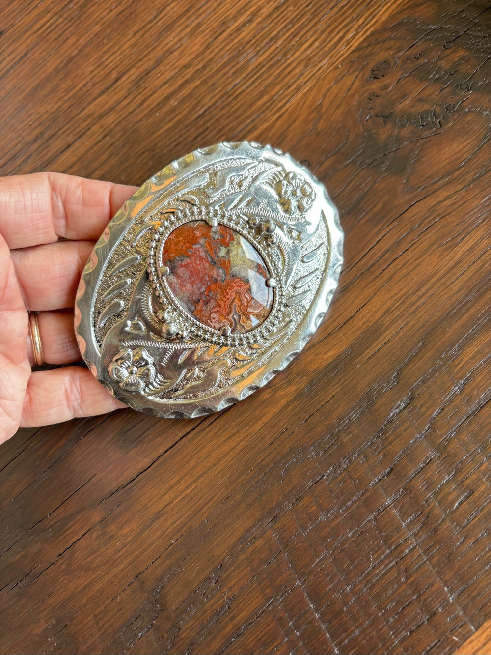 Western Rodeo Cowgirl Cowboy Shiny Silver Coral Color Stone Belt Buckle, Unisex